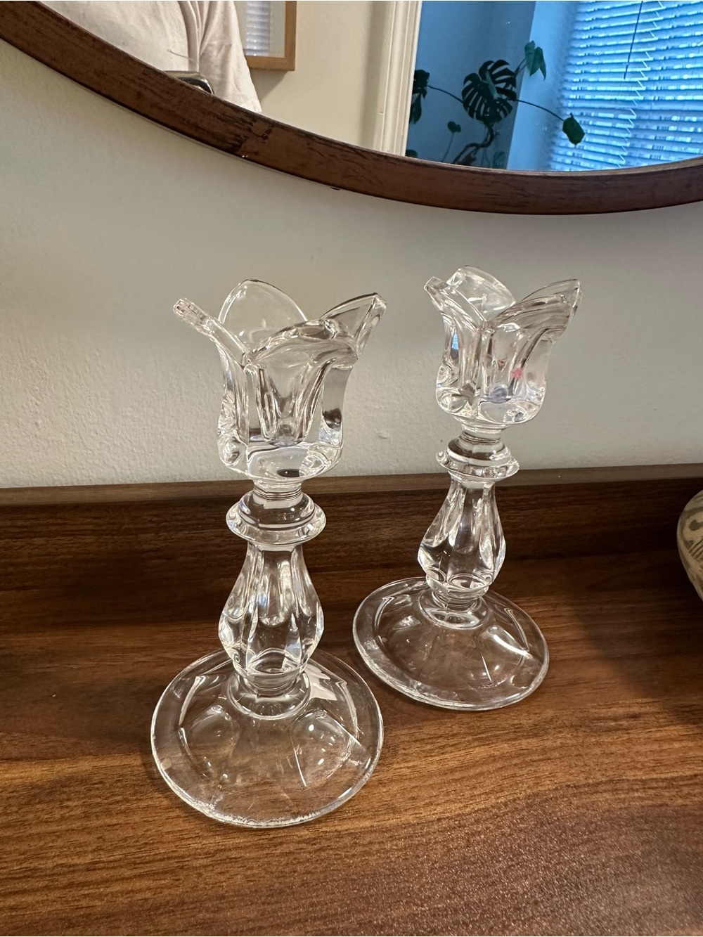 Clear Glass Tulip Candlestick Holders - Set of 2
